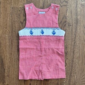 Red Gingham Smockingbird Embroidered Smocked Anchor Romper